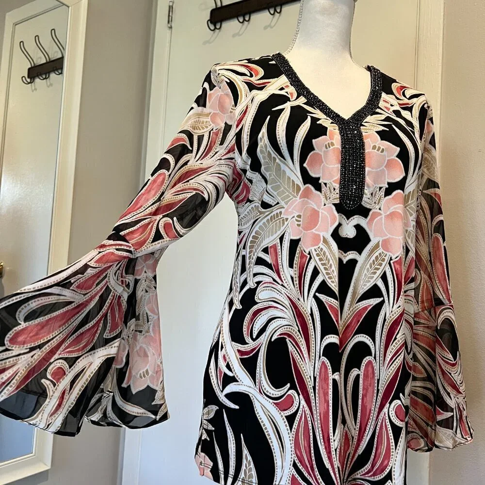 JM Collection Embellished Y-neck tunic with bell sleeves, Size Medium